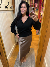 Silky Feel Satin Midi Skirt with Elastic Waistline - Black or Taupe
