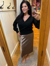 Silky Feel Satin Midi Skirt with Elastic Waistline - Black or Taupe