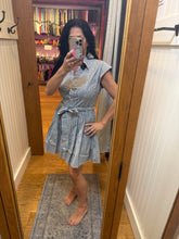 Elan Cap Sleeve Tiered Belt Dress - Dark Navy Stripe