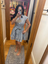 Elan Cap Sleeve Tiered Belt Dress - Dark Navy Stripe