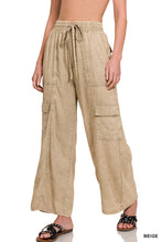 WASHED LINEN ELASTIC BAND WAIST CARGO PANTS - ASSORTED COLORS