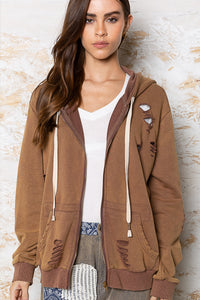 POL Washed Distressed Zip-up Hoodie - Assorted Colors