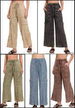 WASHED LINEN ELASTIC BAND WAIST CARGO PANTS - ASSORTED COLORS