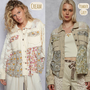 POL Twill & Crochet Lace Mix Balloon Sleeve Jacket - Cream or Powder Grey