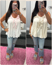 POL Sleeveless Shirred Ruffle & Pearl Stud Tank - Natural or Off White