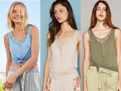 POL Round neck sleeveless lace inner solid knit top - Oatmeal or Pacific Blue