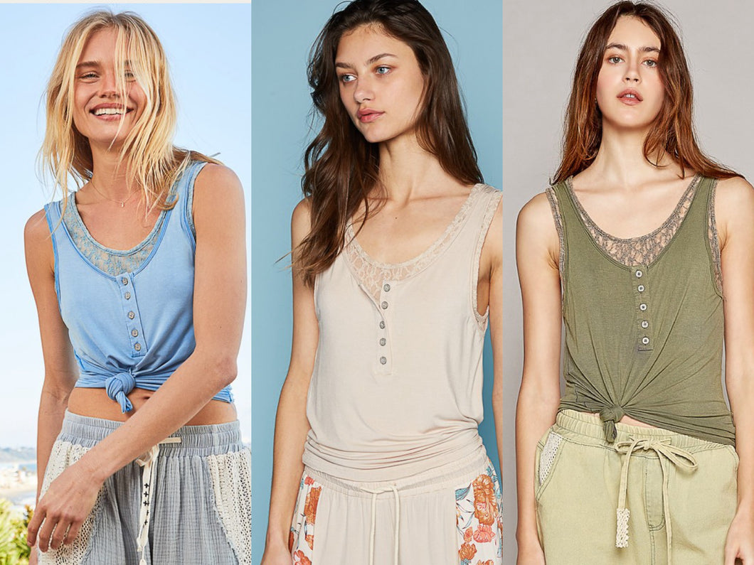 POL Round neck sleeveless lace inner solid knit top - Oatmeal or Pacific Blue