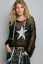 POL long sleeve regular fit hoodie thin sweater top in acrylic with star patch, pearl stud point, see through square weave, hood loop point, rib band detail, solid color - Ivory, Olive or Paradise Mint