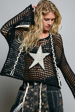 POL long sleeve regular fit hoodie thin sweater top in acrylic with star patch, pearl stud point, see through square weave, hood loop point, rib band detail, solid color - Ivory, Olive or Paradise Mint