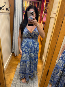 Deep V neck Maxi Dress With Center Cutout - Blue