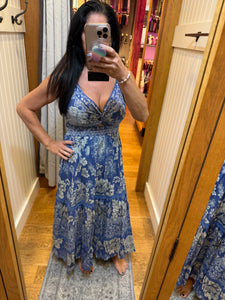Deep V neck Maxi Dress With Center Cutout - Blue