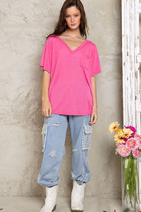 POL V-neck short sleeve chest pocket slub knit tee - Assorted Colors