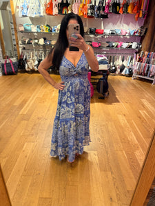 Deep V neck Maxi Dress With Center Cutout - Blue