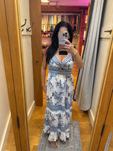 V Neck Twist Front Cut Out Lace Trim Maxi Dress- White Blue