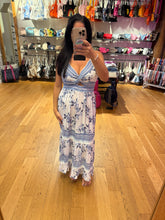 V Neck Twist Front Cut Out Lace Trim Maxi Dress- White Blue