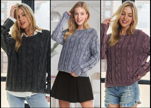 Mineral Washed Cable Knit Sweater Top - Assorted Colors