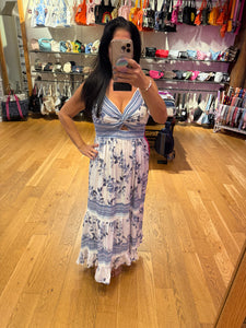 V Neck Twist Front Cut Out Lace Trim Maxi Dress- White Blue