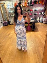 V Neck Twist Front Cut Out Lace Trim Maxi Dress- White Blue