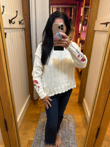 Flower Embroidered Sleeve Cable Sweater Top - Ivory