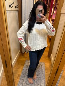 Flower Embroidered Sleeve Cable Sweater Top - Ivory