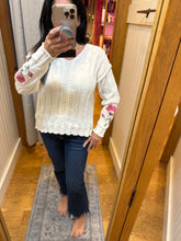 Flower Embroidered Sleeve Cable Sweater Top - Ivory