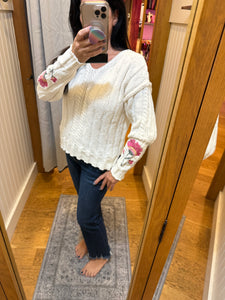 Flower Embroidered Sleeve Cable Sweater Top - Ivory