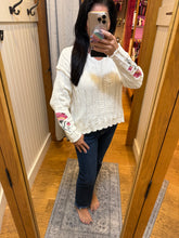 Flower Embroidered Sleeve Cable Sweater Top - Ivory