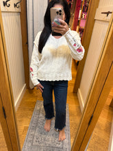 Flower Embroidered Sleeve Cable Sweater Top - Ivory