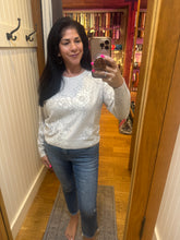 Fine Gauge Diamond Pointelle Floral Print Sweater - Sandshell