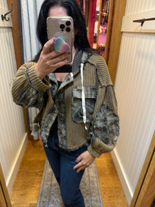 POL hooded balloon sleeve roomy fit top in thermal with plaid contrast - Charcoal