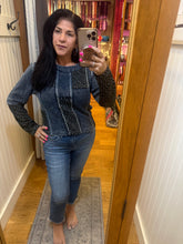 POL Patchwork knit top designed with a fitted silhouette and mixed-fabric panel construction - Indigo Multi