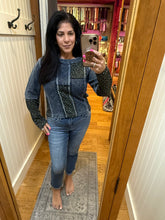 POL Patchwork knit top designed with a fitted silhouette and mixed-fabric panel construction - Indigo Multi
