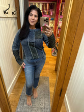 POL Patchwork knit top designed with a fitted silhouette and mixed-fabric panel construction - Indigo Multi