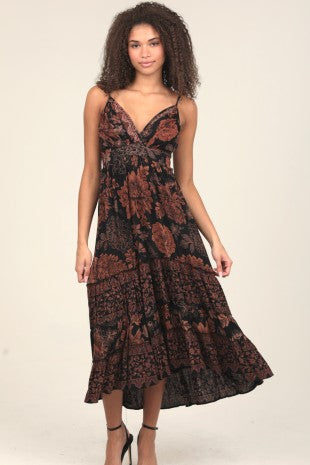 V Neck Printed Maxi Dress - Black
