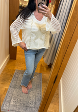 POL long sleeve regular fit hoodie thin sweater top in acrylic with star patch, pearl stud point, see through square weave, hood loop point, rib band detail, solid color - Ivory, Olive or Paradise Mint