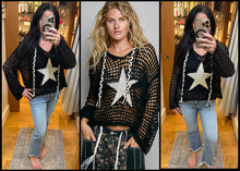 POL long sleeve regular fit hoodie thin sweater top in acrylic with star patch, pearl stud point, see through square weave, hood loop point, rib band detail, solid color - Ivory, Olive or Paradise Mint