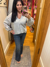 Grey Cardigan Sweater With White Crochet Appliqué