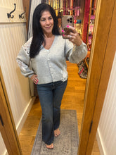 Grey Cardigan Sweater With White Crochet Appliqué