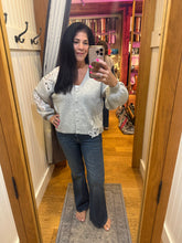 Grey Cardigan Sweater With White Crochet Appliqué