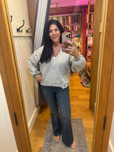 Grey Cardigan Sweater With White Crochet Appliqué