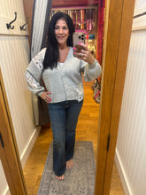 Grey Cardigan Sweater With White Crochet Appliqué