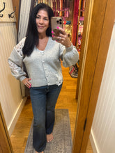 Grey Cardigan Sweater With White Crochet Appliqué