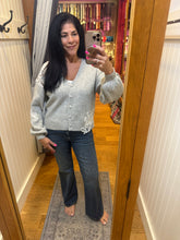 Grey Cardigan Sweater With White Crochet Appliqué