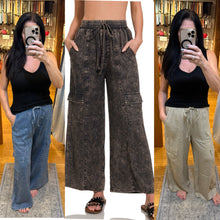 WASHED LINEN ELASTIC BAND WAIST CARGO PANTS - ASSORTED COLORS