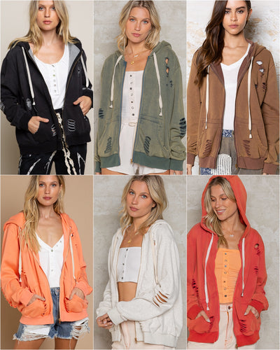 POL Washed Distressed Zip-up Hoodie - Assorted Colors