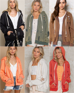 POL Washed Distressed Zip-up Hoodie - Assorted Colors
