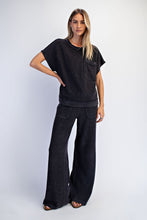 Mineral Washed Honeycomb Wide Leg Pants - Black