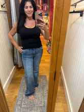 Hidden Dark Wash Pintuck Mid Rise Comfort Flare