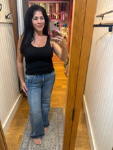 Hidden Dark Wash Pintuck Mid Rise Comfort Flare