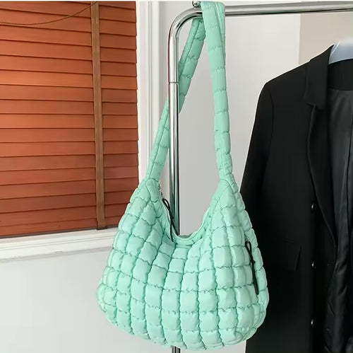 Quilted Puffer Tote Bag Large Crossbody Shoulder Bag with Zipper, Nylon Hobo Oversized Handbag - Assorted Colors